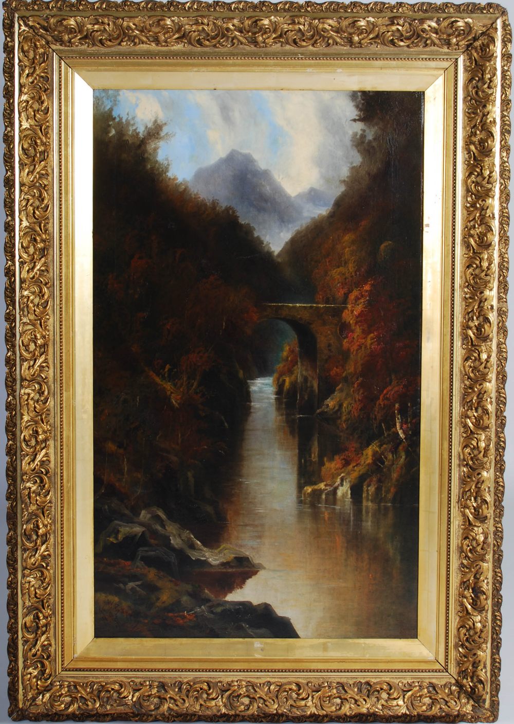 W. Barry (19th century) Autumnal river scene with bridge and mountains oil on canvas, signed and - Image 2 of 5