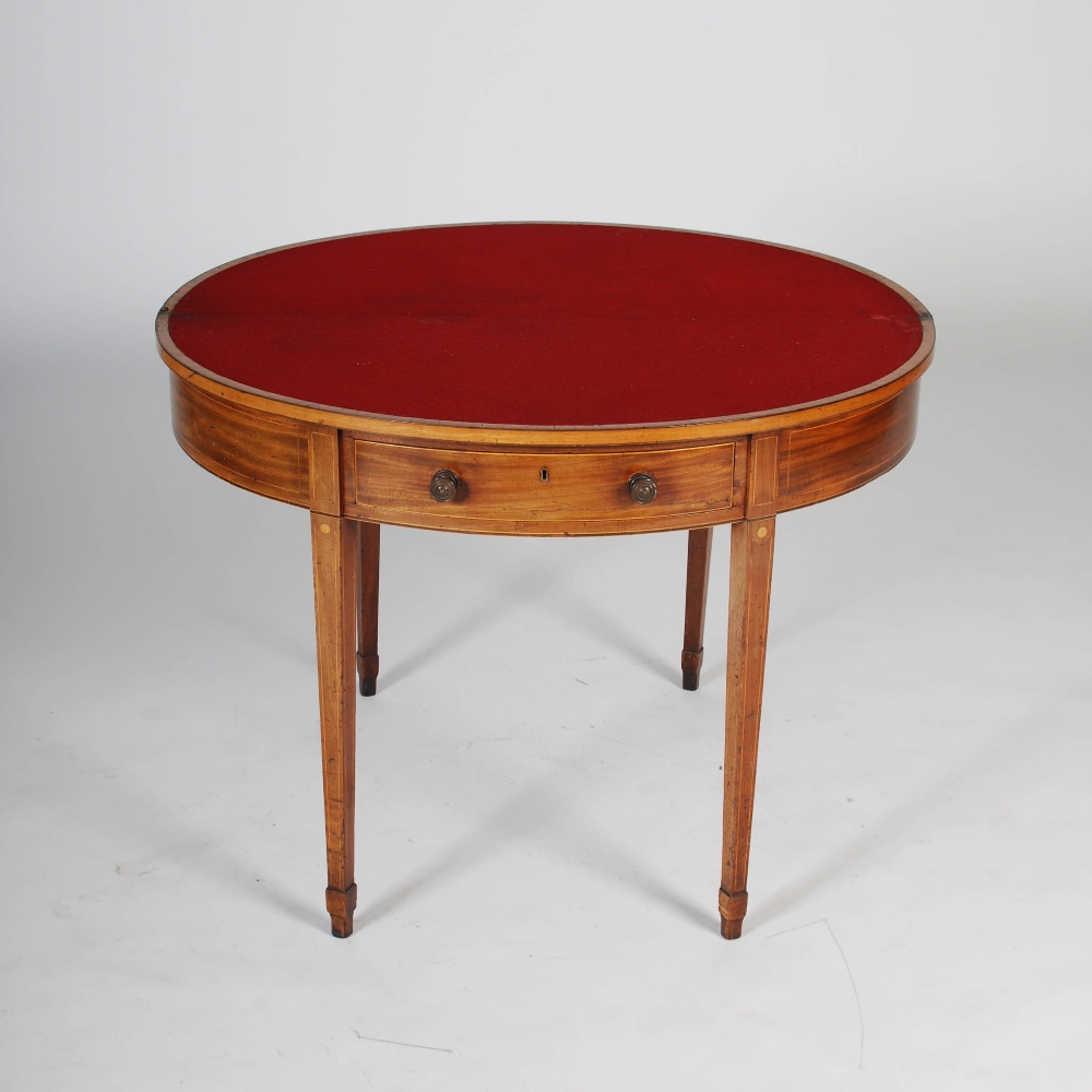 A George III mahogany and satinwood banded demi lune card table, the hinged top opening to a puce - Image 4 of 5