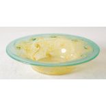 A Monart glass bowl, shape UB, mottled green and yellow glass with typical decoration of whorls,
