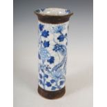A Chinese porcelain blue and white crackle glazed sleeve vase, Qing Dynasty, decorated with pair