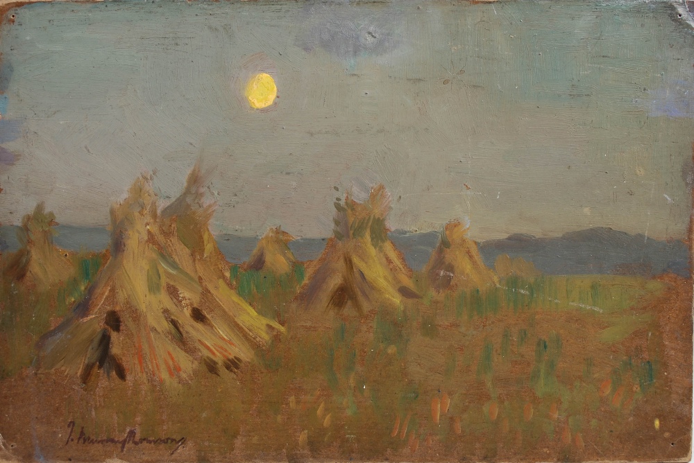 AR John Murray Thomson RSA RSW PSSA (1885-1974) Summer sunset with hay stooks oil on board, signed