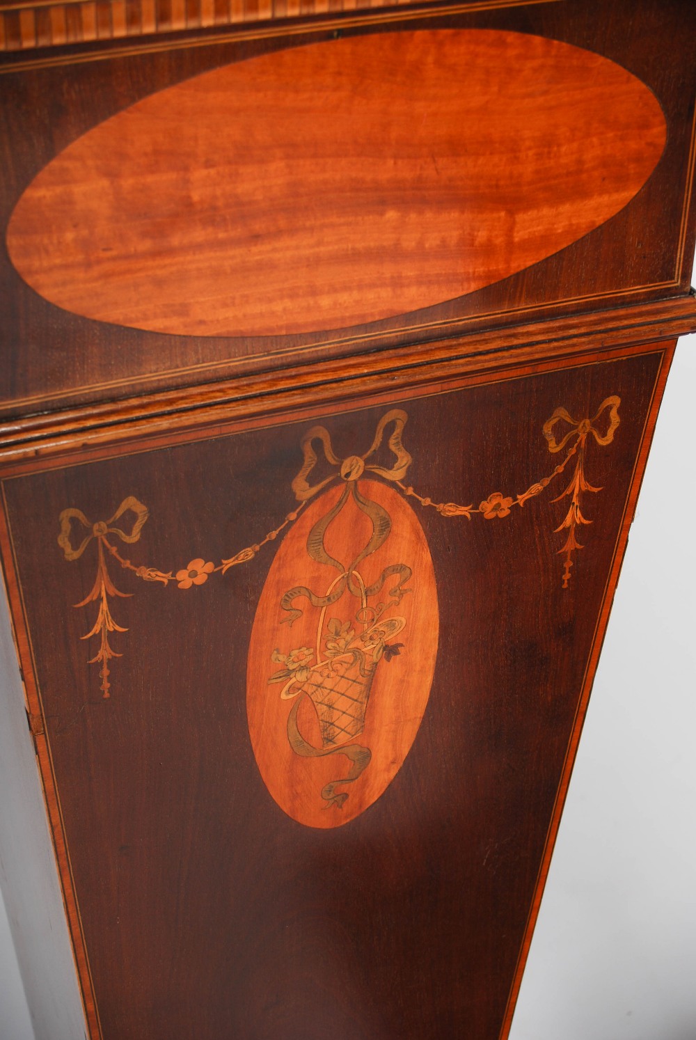 A near pair of Edwardian mahogany and marquetry inlaid pedestals, the square tops above oval - Image 5 of 5