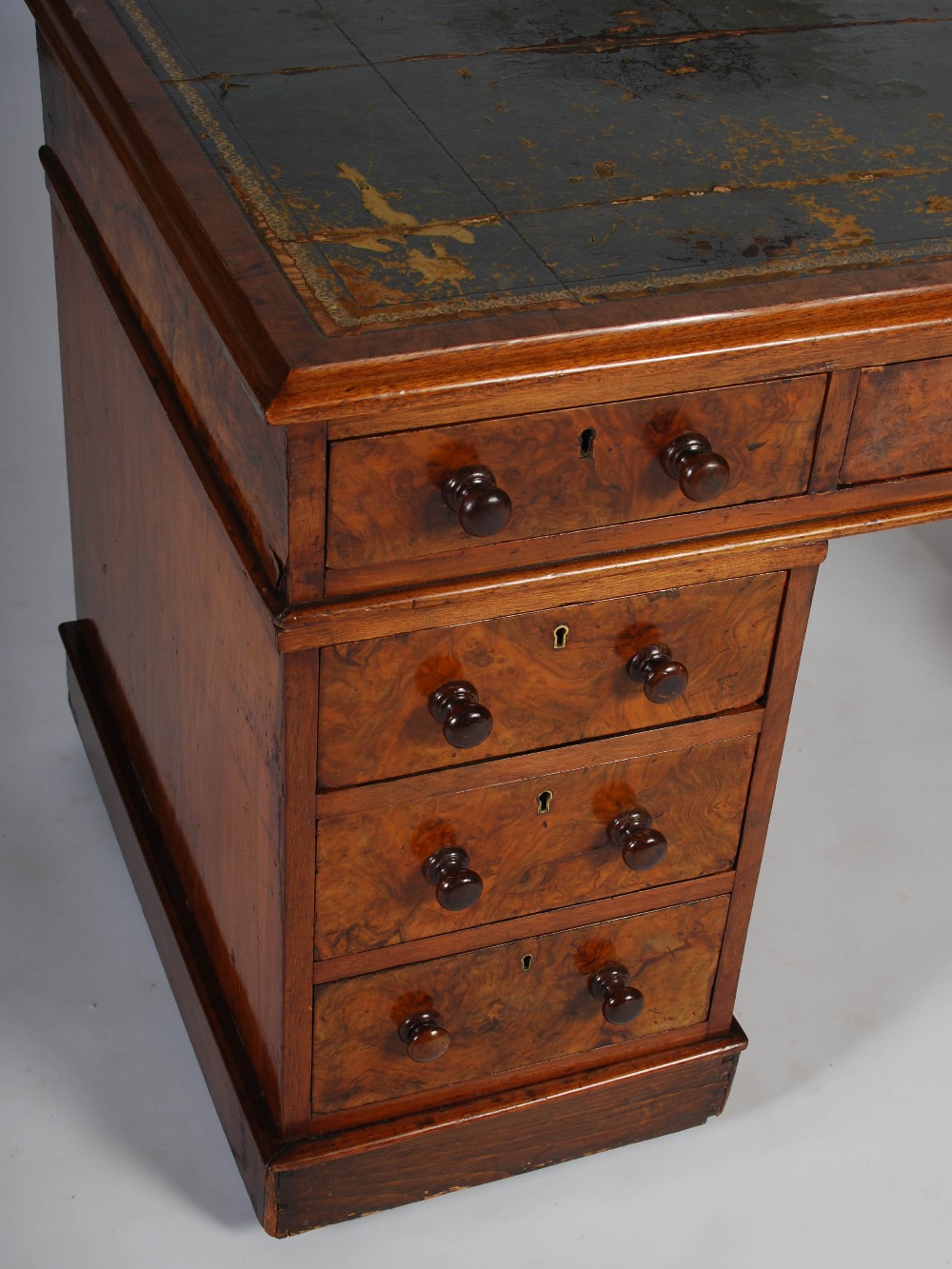 A Victorian walnut Country House pedestal desk, the rectangular top with green and gilt tooled - Image 8 of 11