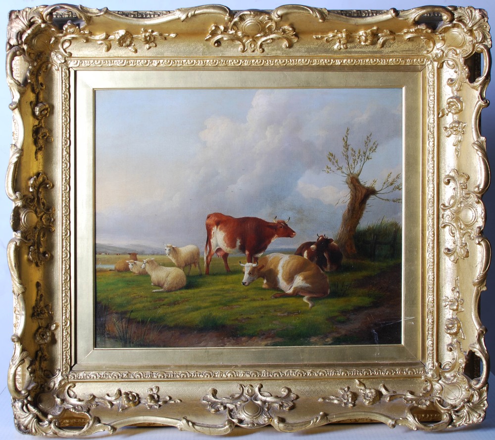 Follower of George Morland (1763-1804) Cattle and sheep grazing oil on canvas 48cm x 57cm - Image 2 of 4