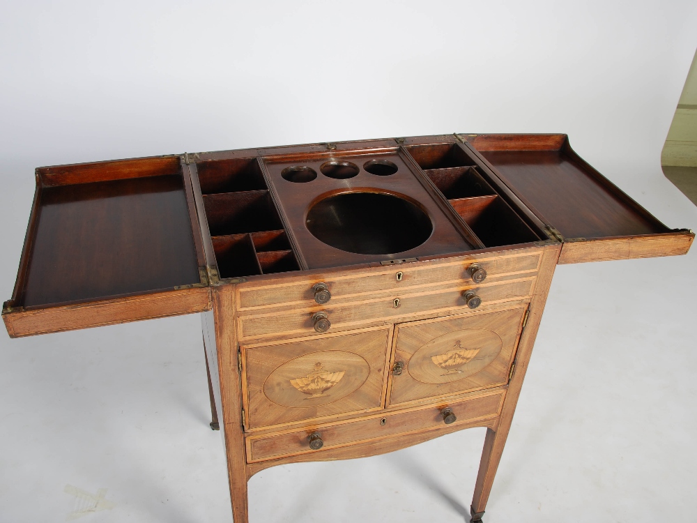 A George III mahogany and satinwood banded wash stand, the hinged rectangular top opening to a - Image 3 of 8