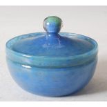 A Monart glass powder bowl and cover, shape IB, mottled green and blue glass, bearing original paper