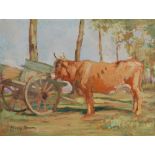 AR John Murray Thomson RSA RSW PSSA (1885-1974) Burgundy Cow oil on panel, signed lower left 26cm