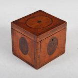 A George III satinwood, burr walnut and rosewood banded marquetry inlaid tea caddy, the