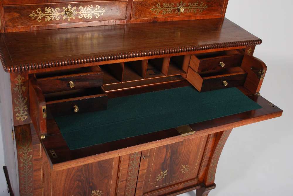 A 19th century Regency style rosewood and brass inlaid secretaire chiffonier, the upper section with - Image 2 of 7