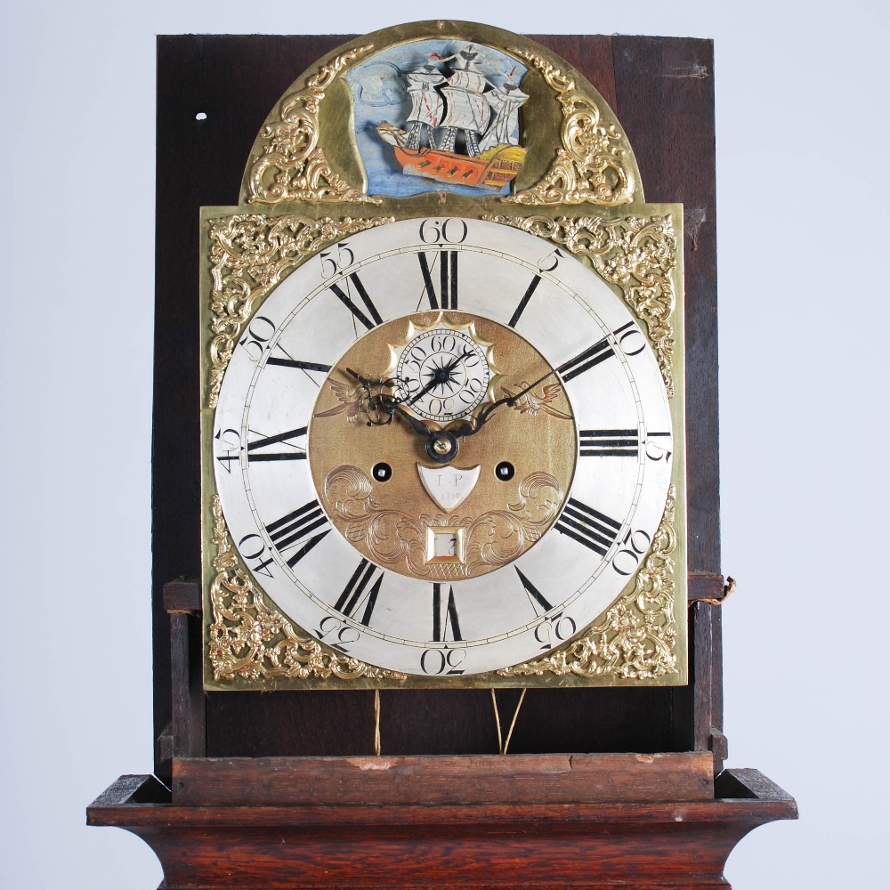 An 18th century oak automata longcase clock, I.P., the brass dial with silvered chapter ring bearing - Image 5 of 7