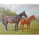 AR Frances Mabel Hollams (1877-1963) Bay mare and chestnut foal oil on panel, signed and dated