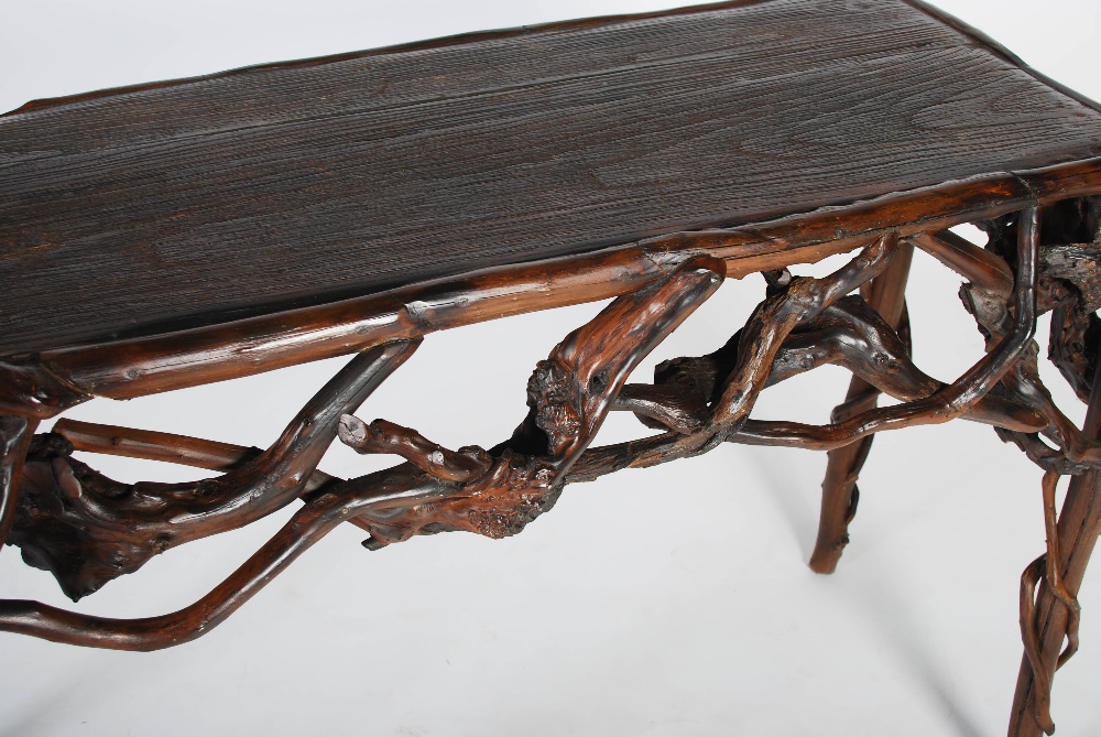 A 19th century organic branch wood console table, the rectangular planked top above an entwined - Image 4 of 6