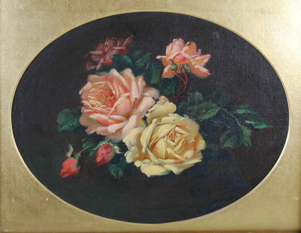 Attributed to James Stuart Park (1862-1933) Still life with pink and yellow roses oil on canvas,