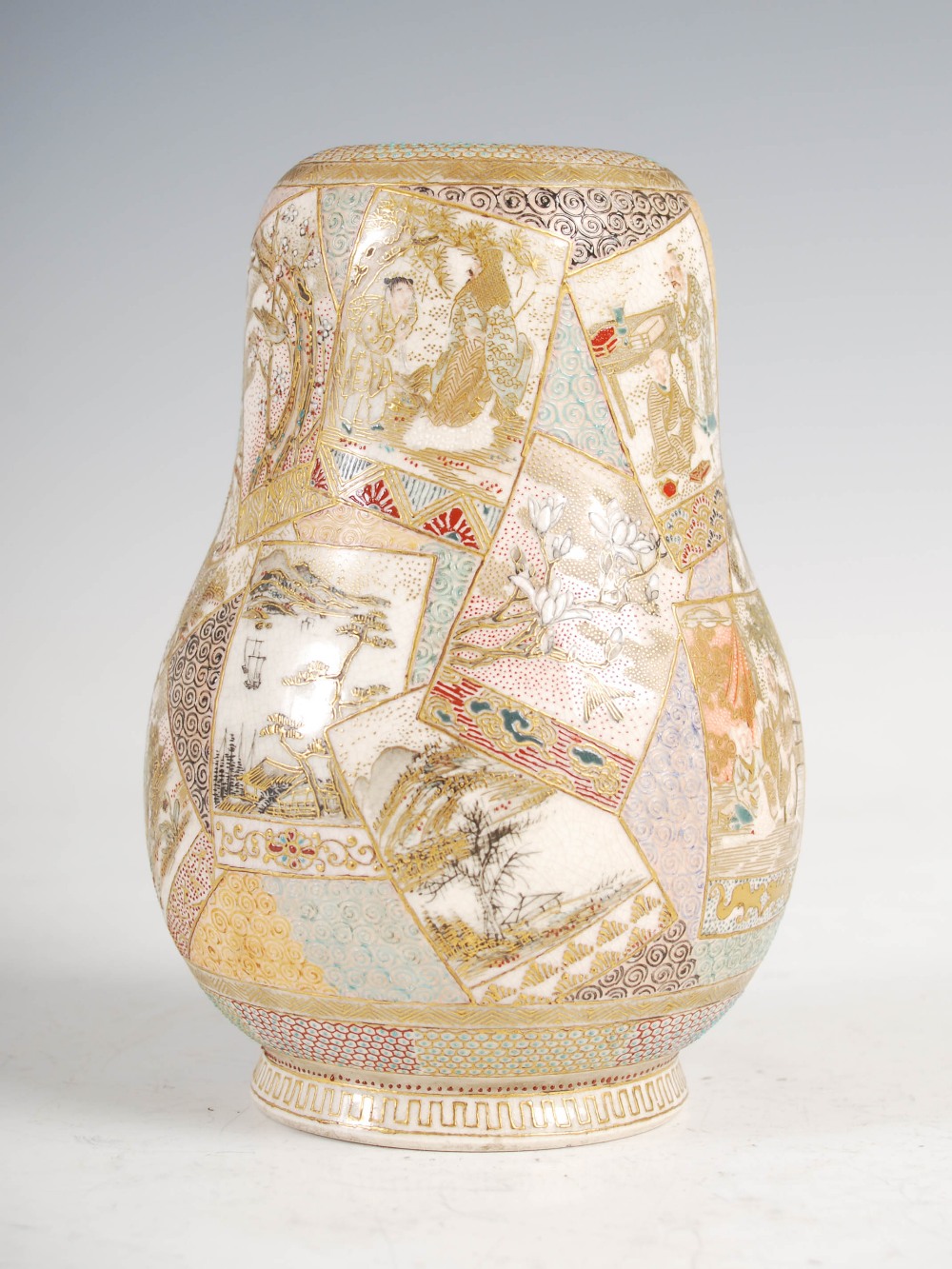 A Japanese Satsuma pottery gourd shaped vase, Meiji period, decorated with rectangular panels - Image 2 of 6