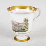 A Meissen porcelain cup, decorated with a named view 'Dresden', blue crossed swords mark, 9cm high x
