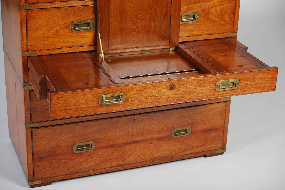 A 19th century teak and brass bound two part secretaire chest, the upper section with two short - Image 5 of 7