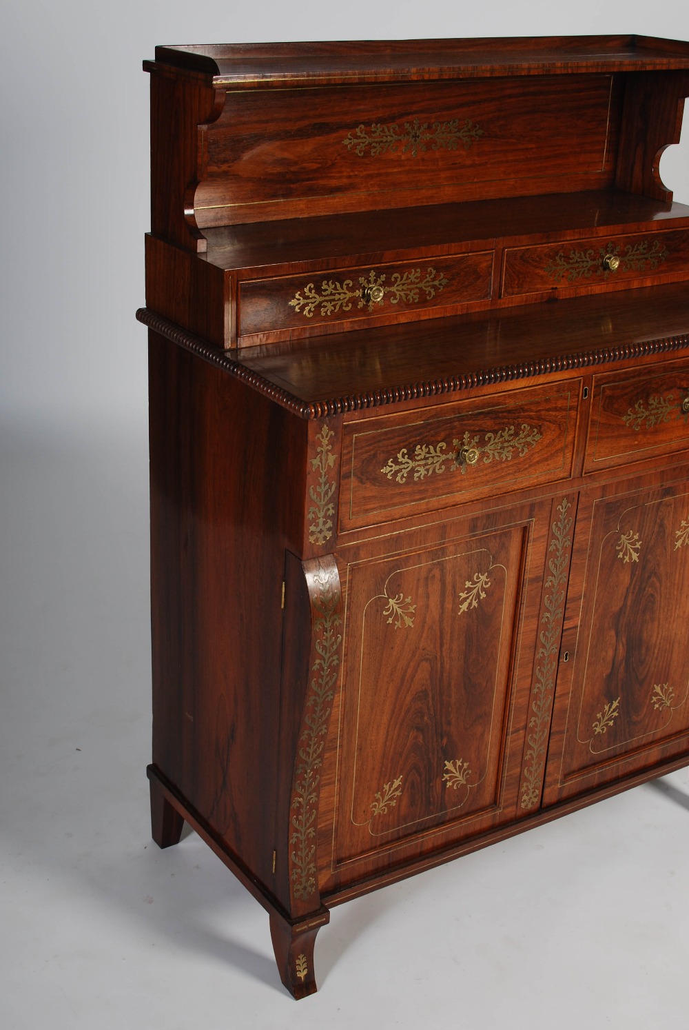 A 19th century Regency style rosewood and brass inlaid secretaire chiffonier, the upper section with - Image 4 of 7