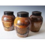 Three 19th century stoneware tobacco jars, one with hand painted vignette 'VIOLET STRASBOURG'