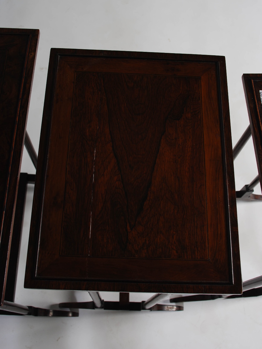 A nest of three 19th century rosewood occasional tables, the rectangular tops with burr wood - Image 3 of 4