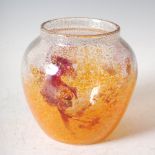 A Monart glass vase, shape A, mottled clear, orange and yellow glass with three typical purple