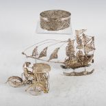 Three late 19th century silver filigree works of art, probably Chinese, comprising; rickshaw