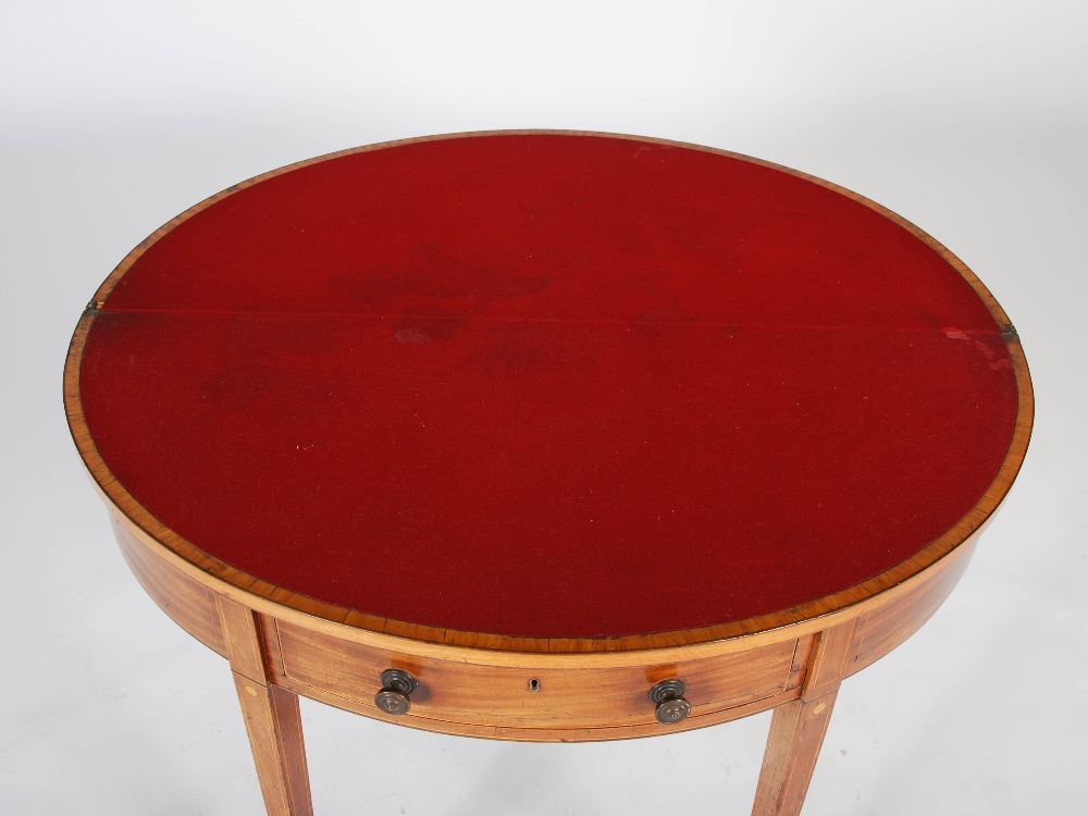 A George III mahogany and satinwood banded demi lune card table, the hinged top opening to a puce - Image 5 of 5
