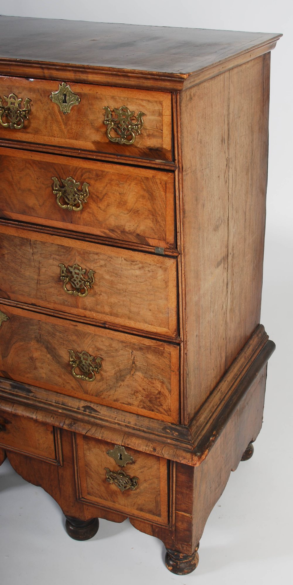 A William & Mary walnut chest on stand, the rectangular top with moulded edge above two short and - Image 5 of 9