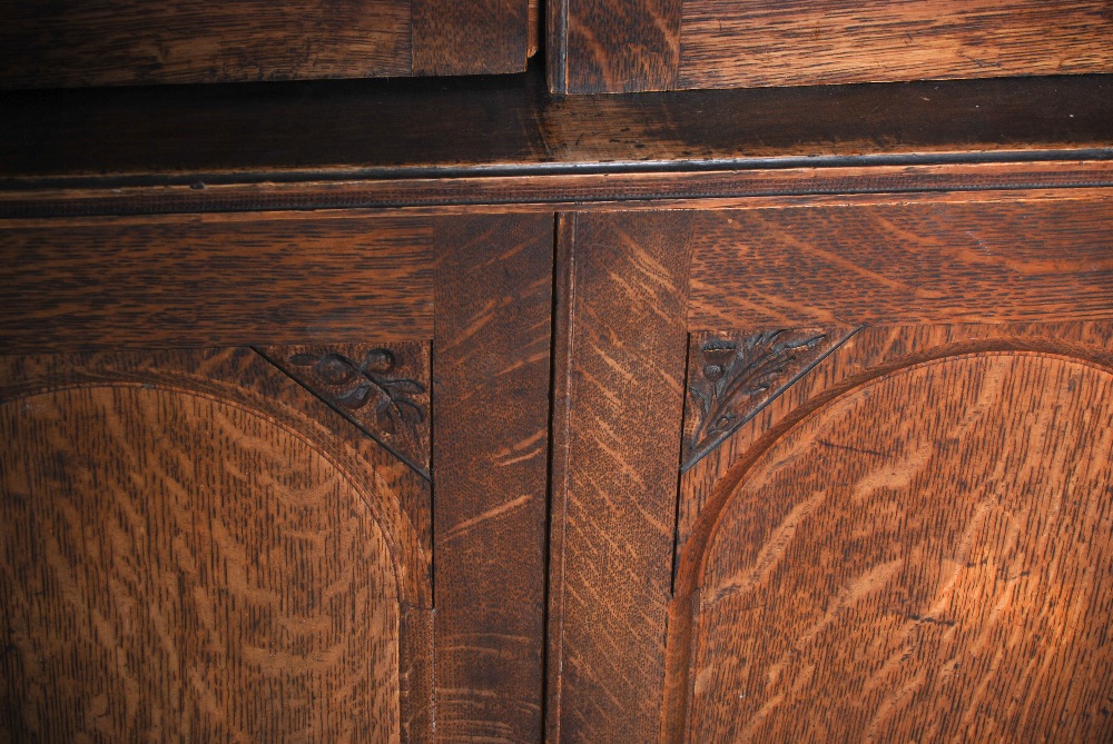 A Victorian oak cupboard, the moulded cornice and dentil frieze above a pair of double hinged, - Image 4 of 6