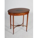 An Edwardian painted satinwood occasional table, the oval shaped top decorated with vignette of a