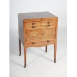 A George III mahogany and satinwood banded wash stand, the hinged rectangular top opening to a