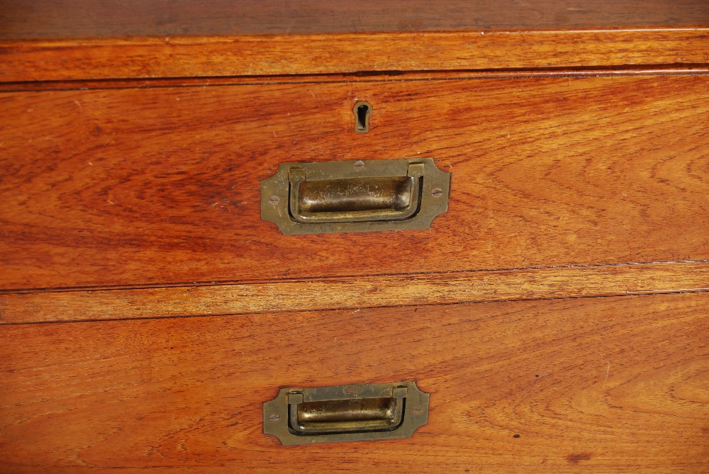A 19th century teak and brass bound two part secretaire chest, the upper section with two short - Image 4 of 7