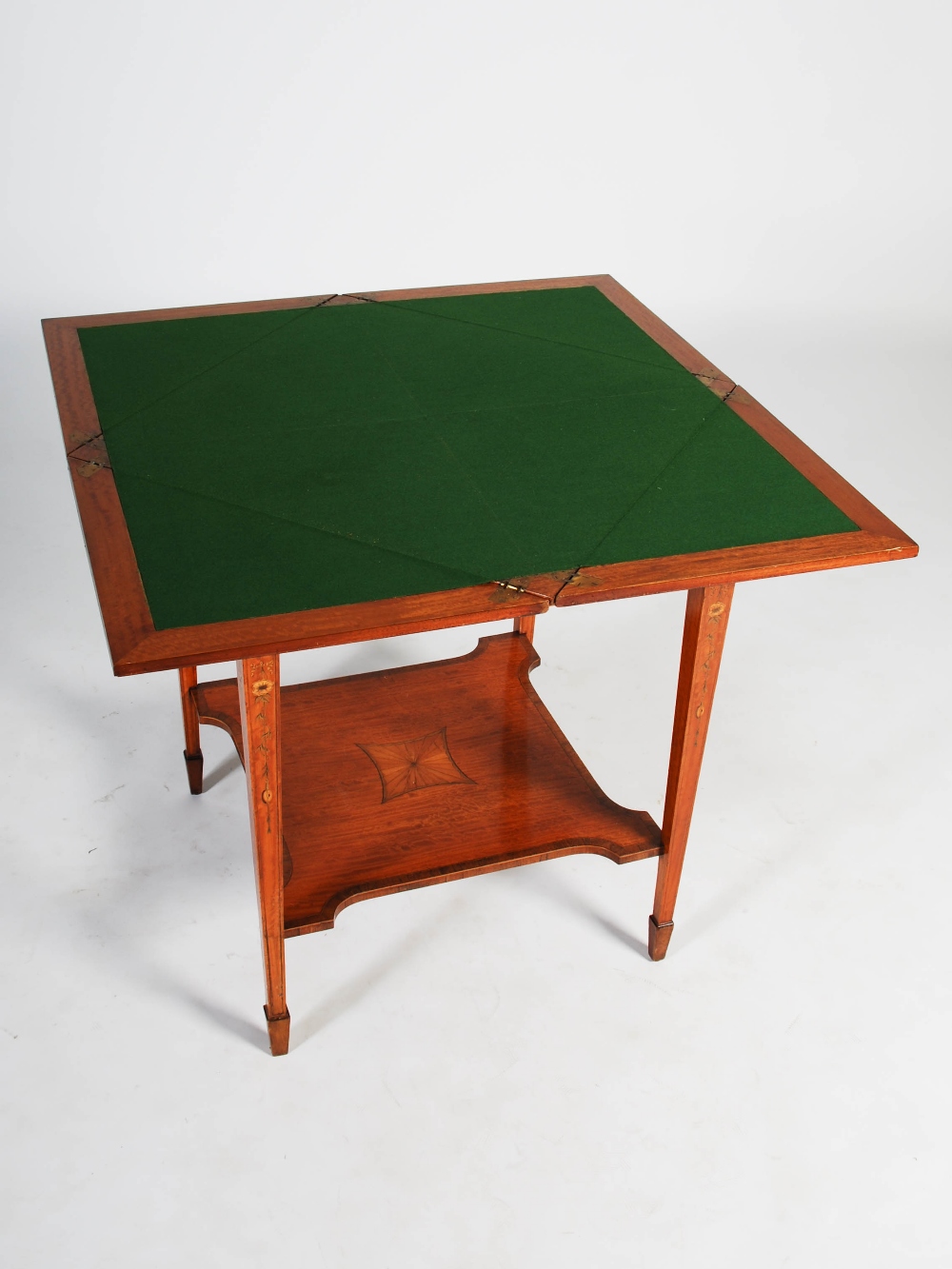 An Edwardian satinwood and marquetry inlaid envelope card table, the square top with four hinged - Image 5 of 7