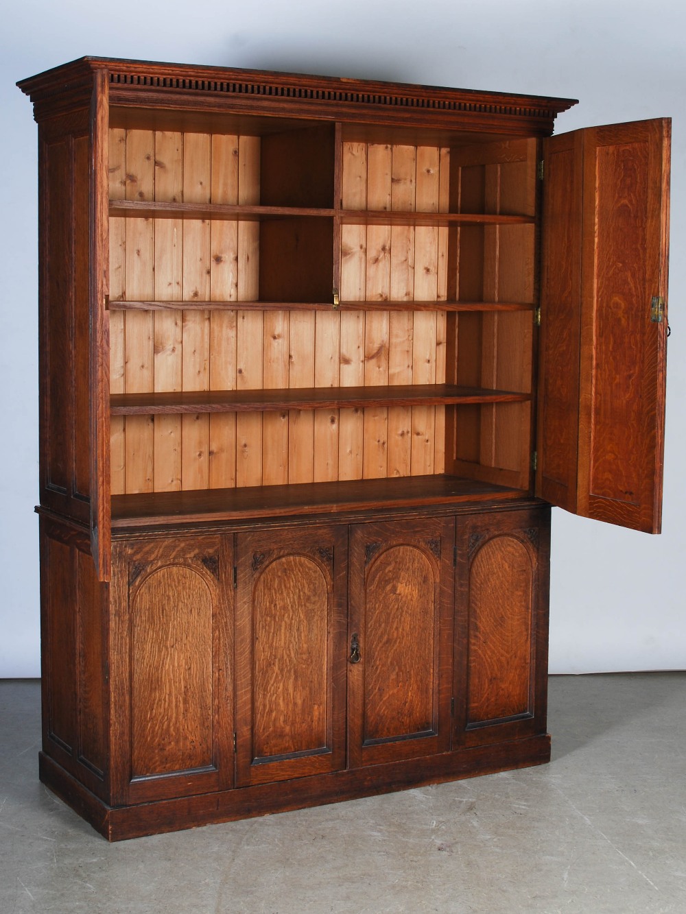 A Victorian oak cupboard, the moulded cornice and dentil frieze above a pair of double hinged, - Image 5 of 6
