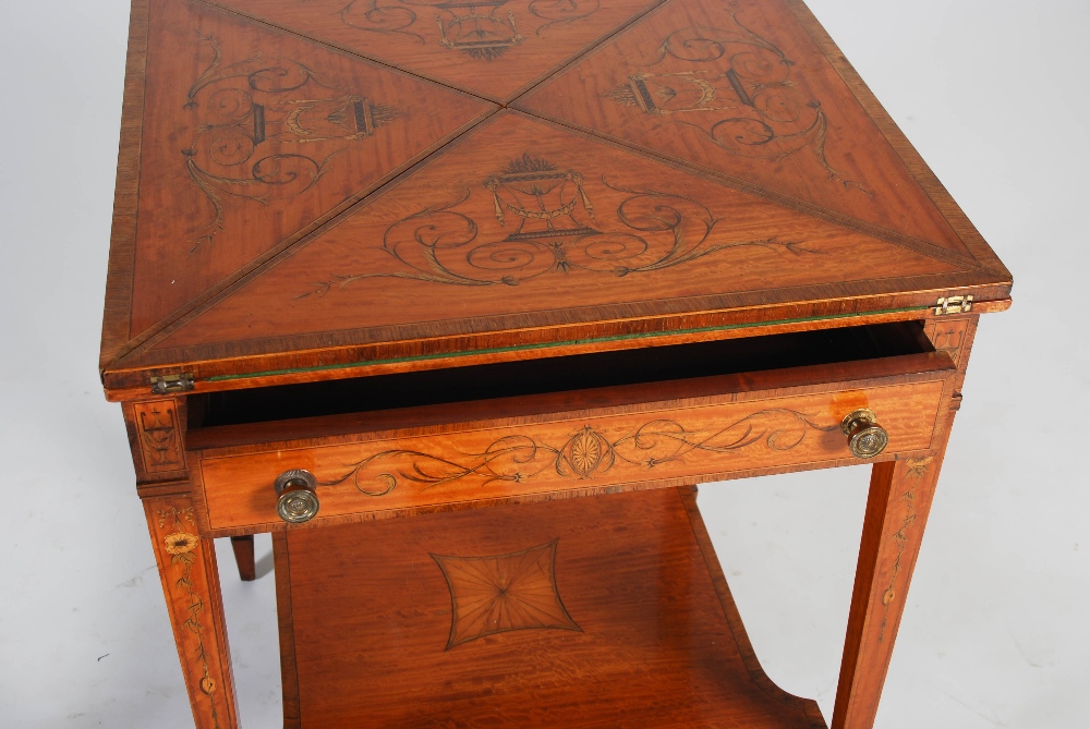 An Edwardian satinwood and marquetry inlaid envelope card table, the square top with four hinged - Image 6 of 7