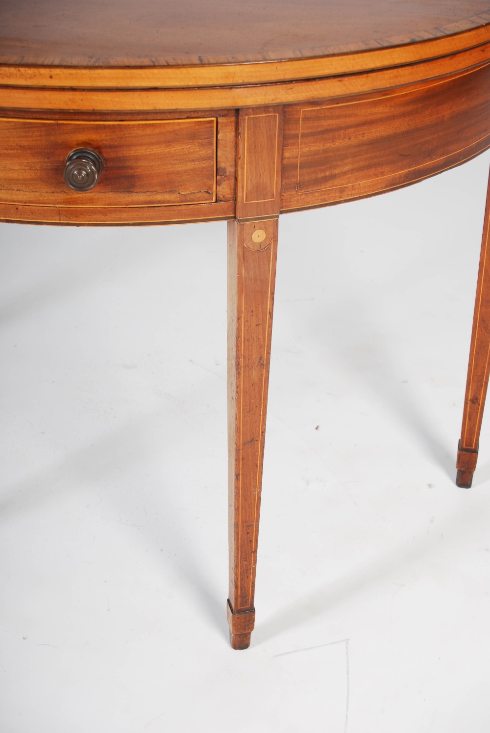 A George III mahogany and satinwood banded demi lune card table, the hinged top opening to a puce - Image 3 of 5