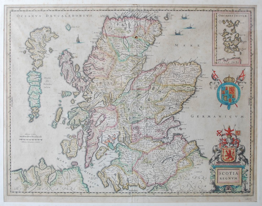 A collection of four antique hand coloured maps, to include ;Jansson J. Scotia Regnum, 39.5cm x