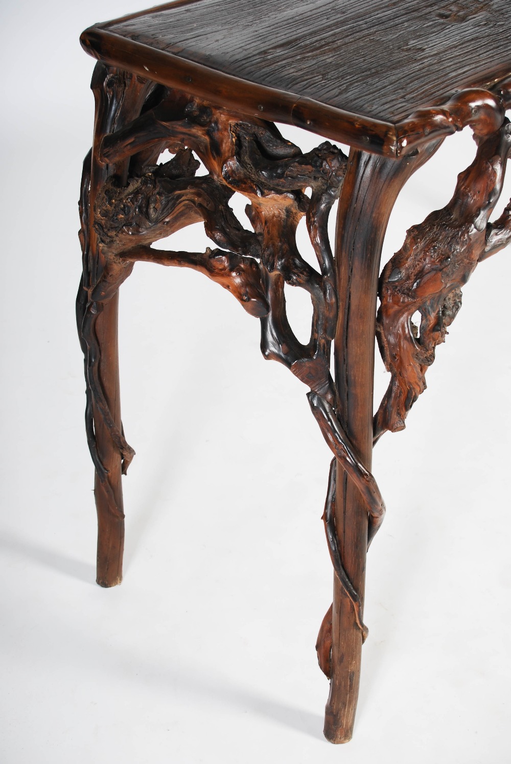 A 19th century organic branch wood console table, the rectangular planked top above an entwined - Image 2 of 6