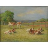 AR John Murray Thomson RSA RSW PSSA (1885-1974) Calves grazing in a summer pasture oil on board,