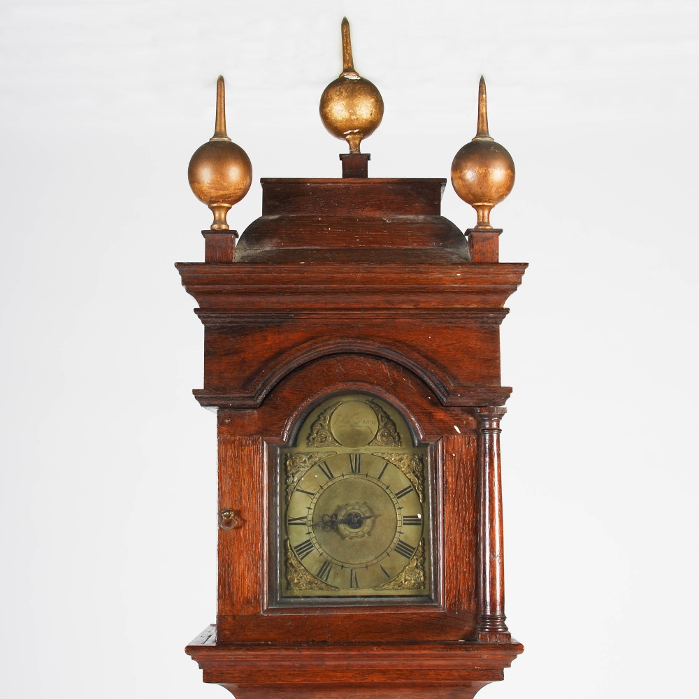 An 18th century lantern clock in an oak longcase, John Dison, St. Ives, the 5" brass dial with a - Image 2 of 5