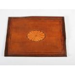 An early 20th century mahogany and marquetry inlaid rectangular tray, with central inlaid oval