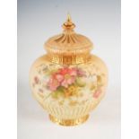 A Royal Worcester pot pourri jar and cover, dated 1912, the ivory ground decorated with scattered