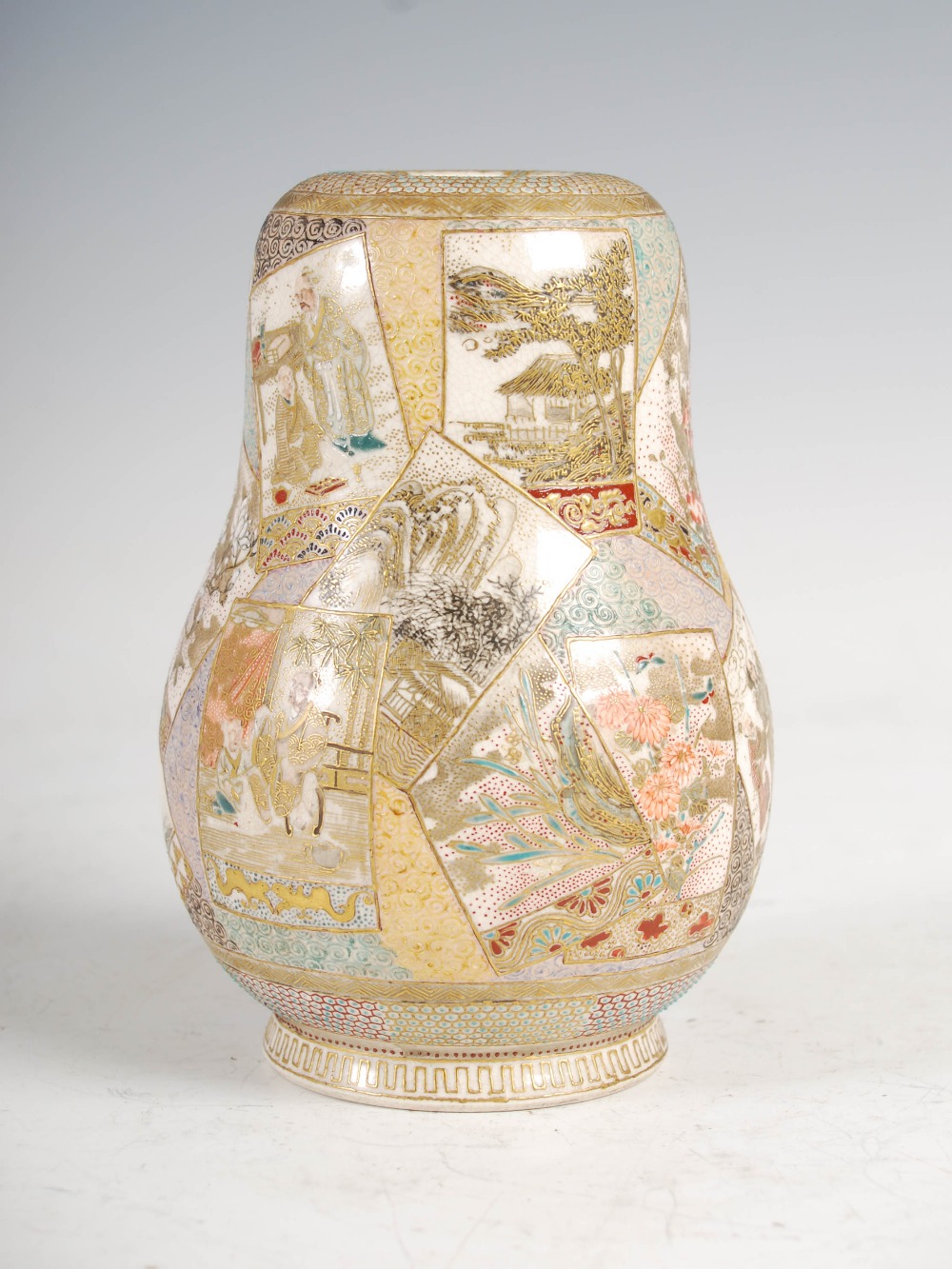 A Japanese Satsuma pottery gourd shaped vase, Meiji period, decorated with rectangular panels - Image 3 of 6