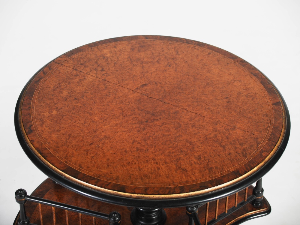 A Victorian amboyna and ebonised occasional table, the circular top raised on an ebonised column - Image 2 of 4