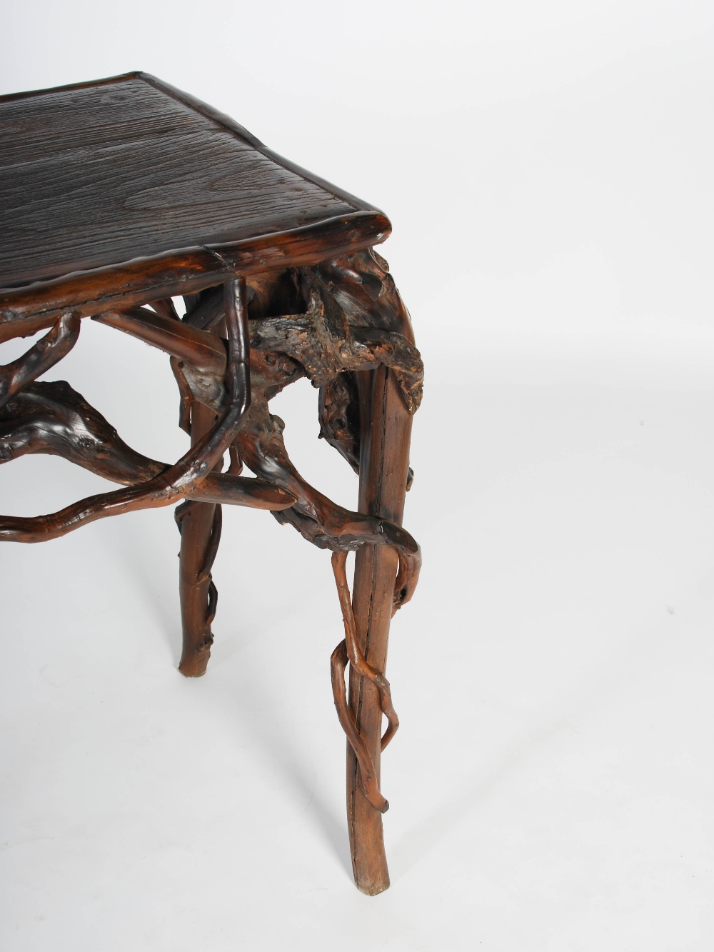 A 19th century organic branch wood console table, the rectangular planked top above an entwined - Image 5 of 6