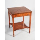 An Edwardian satinwood and marquetry inlaid envelope card table, the square top with four hinged