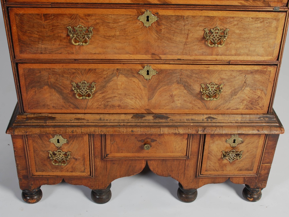 A William & Mary walnut chest on stand, the rectangular top with moulded edge above two short and - Image 3 of 9