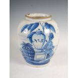 An 18th/19th century Dutch East India company blue and white Delft pottery tobacco jar, decorated