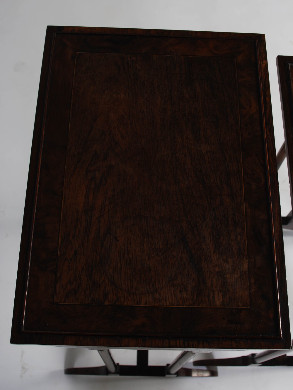 A nest of three 19th century rosewood occasional tables, the rectangular tops with burr wood - Image 4 of 4