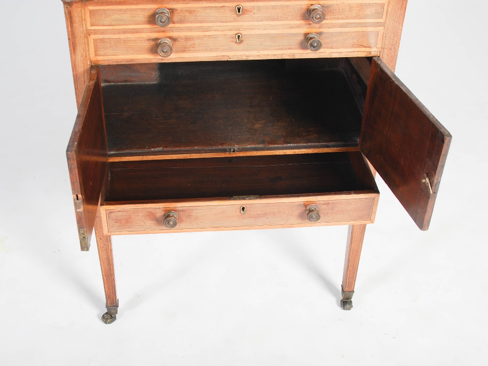 A George III mahogany and satinwood banded wash stand, the hinged rectangular top opening to a - Image 5 of 8