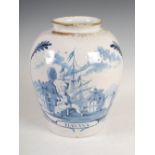 An 18th century Dutch Delft blue and white pottery tobacco jar, inscribed 'HAVANA', decorated with